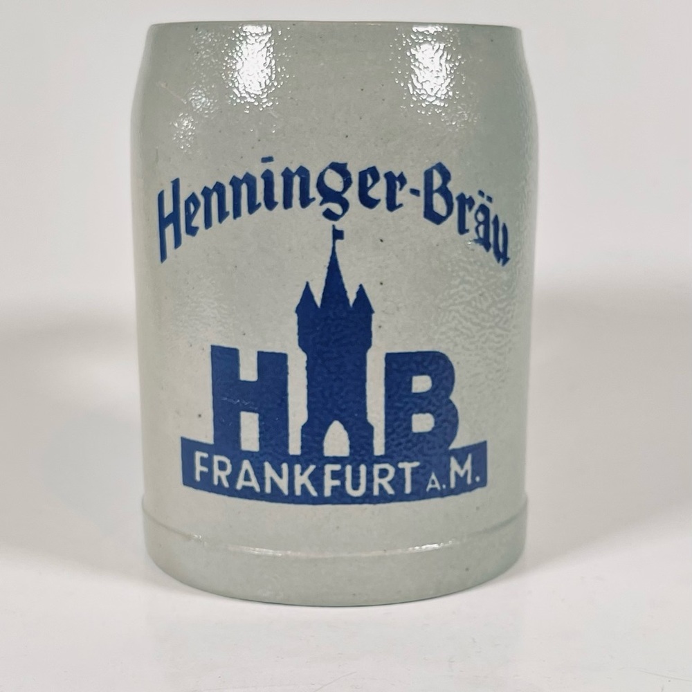 Henninger-Brau Brewery .5 L Beer Stein Mug Vintage Stoneware Blue Oktoberfest